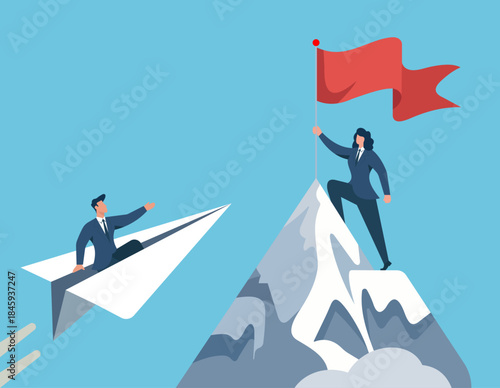 Business leaders reaching goals, with a woman claiming a mountain peak and a colleague flying beside her on a paper plane, Mountain Peak Business Leadership, Paper Plane Innovation and Agility