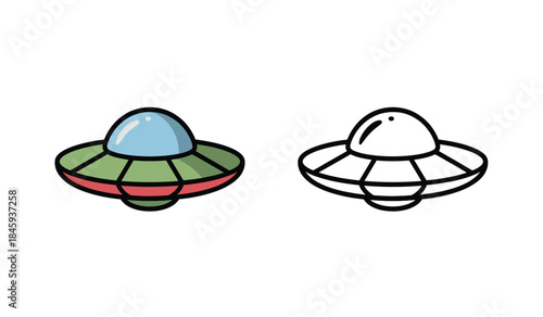 cartoon flying saucers in color and line art style