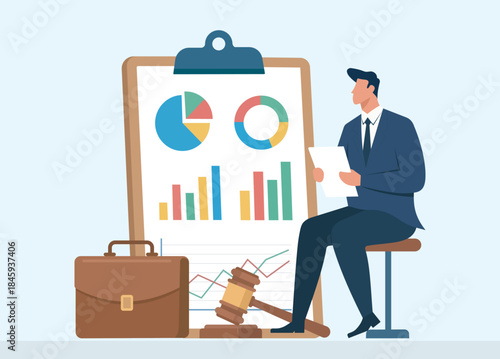 Corporate lawyer reviewing financial analytics report with charts, briefcase and gavel in flat business law vector illustration, Corporate legal consulting, Financial data analysis