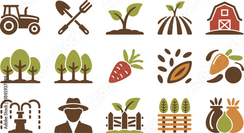 Farm and Agriculture Vector Icons Set with Tractor Crops Trees and Rural Elements