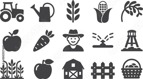 Farm and Agriculture Black Vector Icons Set Crops Tools and Rural Symbols