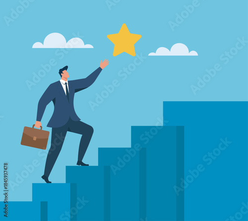 Businessman climbing steps toward a shining star, symbolizing ambition, career growth, and achieving goals in a modern flat vector illustration, Career Growth Steps, Reaching for the Stars