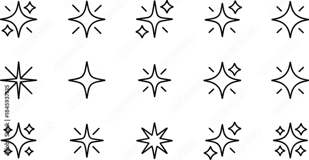 Fototapeta premium Sparkle and Star Vector Line Icons Set Shiny Light Decorative Symbols Collection