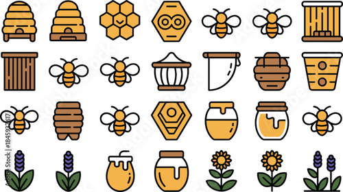 Honey and Beekeeping Color Vector Icons Set Bees Hive Honeycomb and Jars