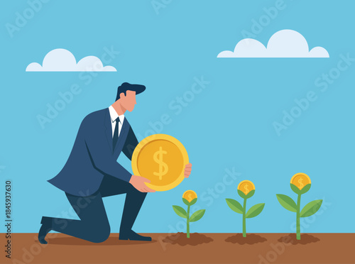 Businessman planting coins to grow money trees symbolizing investment, financial growth, and wealth creation, Business Investment, Financial Growth, Nurturing Money, Long-Term Wealth Planning