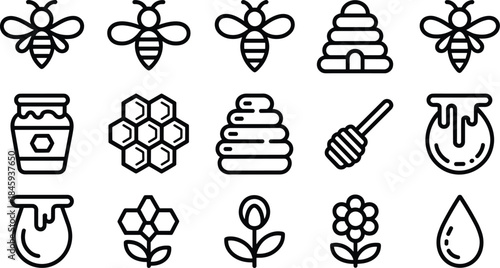 Beekeeping and Honey Vector Line Icons Set Bees Hive Honeycomb and Nature Symbols