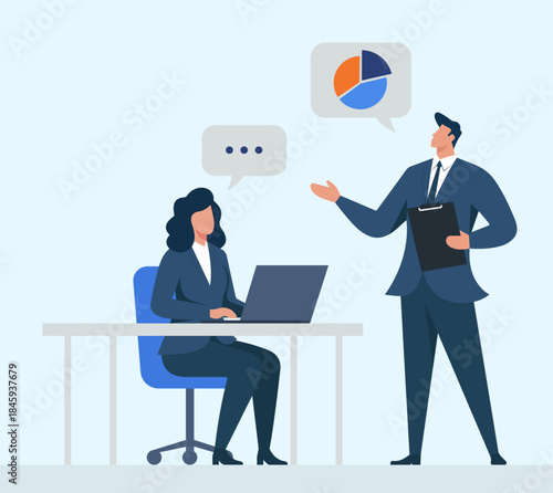 Flat vector illustration of a business meeting with a man presenting data to a woman working on a laptop in a modern office, Concept titles: Business collaboration, Office teamwork