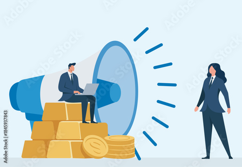 Business Investment Promotion and Corporate Marketing Communication Flat Vector Illustration, Business Marketing Communication, Investment and Wealth Growth, Corporate Promotion Strategy