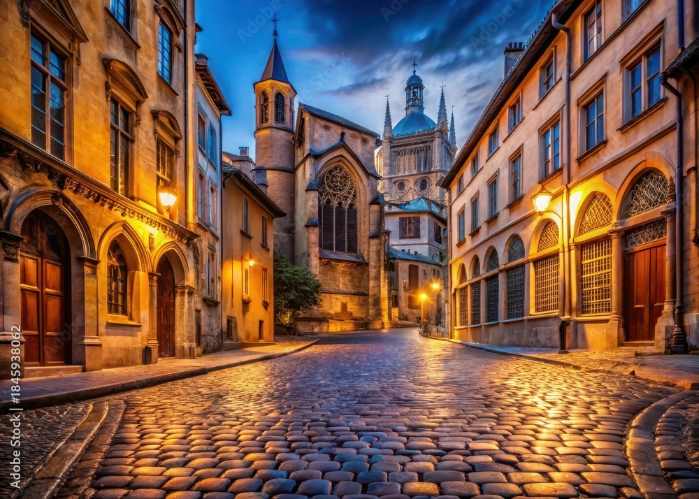 Fototapeta premium Ancient Romanesque architecture in Vieux Lyons cobblestone streets