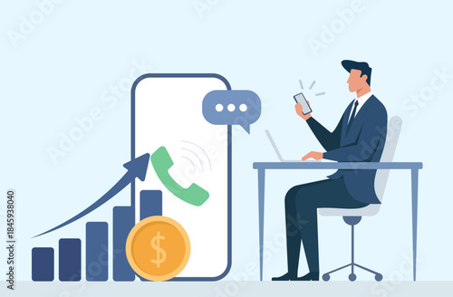 Businessman Using Smartphone and Laptop for Mobile Communication, Financial Growth, and Online Sales in Modern Office Flat Vector Illustration, Business Communication, Mobile Marketing, Sales Growth