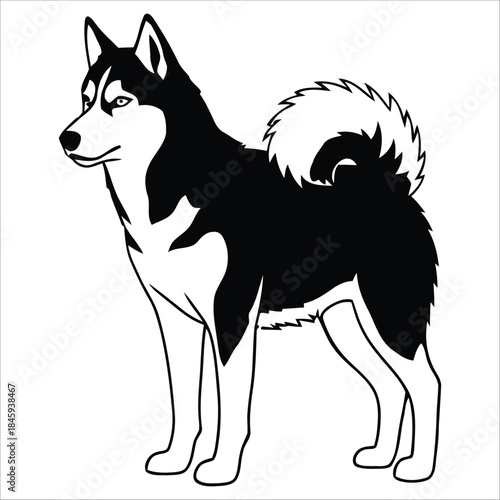Black and white silhouette of a majestic Siberian husky standing tall in profile view