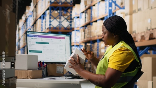 Photos Woman staff managing package labeling using shipment details adhesive tags, handling order processing and preparing the packages for distribution