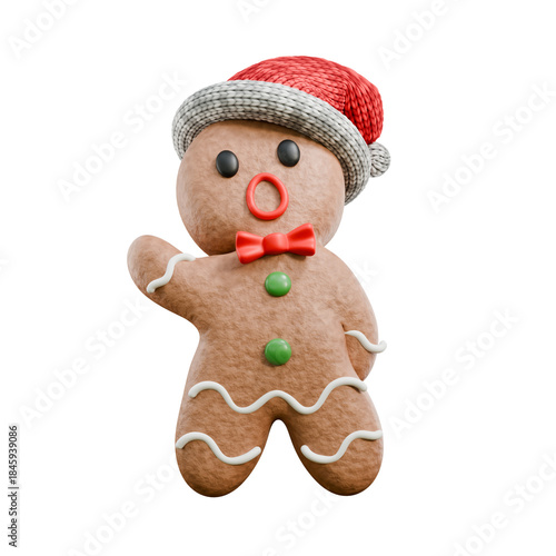 Gingerbread man singing wearing Santa hat 3D