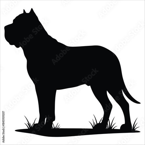Silhouette illustration of a muscular dog standing proudly on a patch of grass