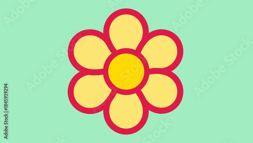 Illustration of a flower with yellow petals and a red outline on a green background.