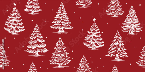 Christmas pattern with tree on red, hand-drawn illustrations	
