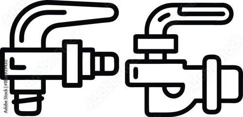 Two pipe valves with handles, featuring a pipe valve and a gate valve, black outline vector set