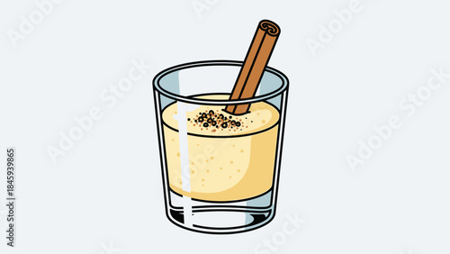 A refreshing glass of eggnog with cinnamon stick and nutmeg.