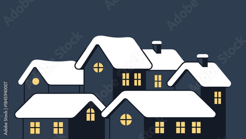 Cozy Winter Village Scene with Snow Covered Houses.