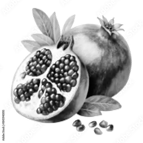 Pomegranate vintage y2k halftone art, seeded fruit stipple brutalist retro vector png with transparent background, rich 2000s aesthetic photocopy effect tattoo