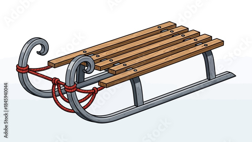 Classic Wooden Sled with Metal Runners and Red Rope Detail.