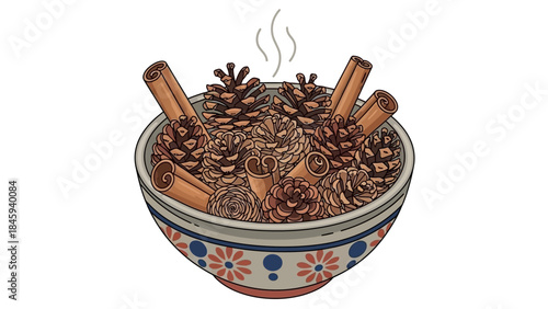 Aromatic Bowl of Pine Cones and Cinnamon Sticks for Festive Decor.