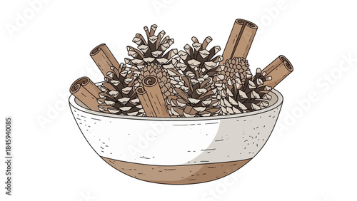 Bowl of pine cones and cinnamon sticks for decoration.
