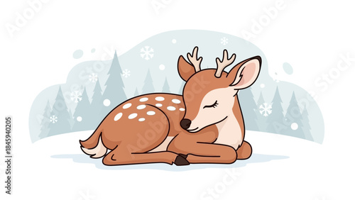 Cute Fawn Sleeping Peacefully in a Snowy Winter Forest Scene.