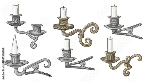 Collection of antique candle holders with lit candles.