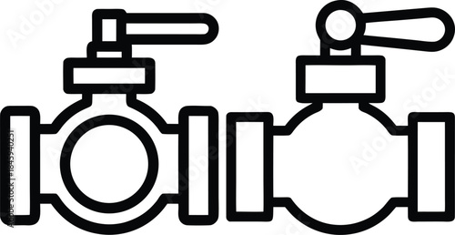 Two pipe valves with handles, featuring a pipe valve and a gate valve, black outline vector set
