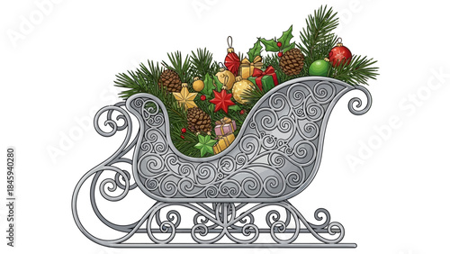 Ornate Silver Sleigh Filled with Festive Christmas Decorations and Greenery.