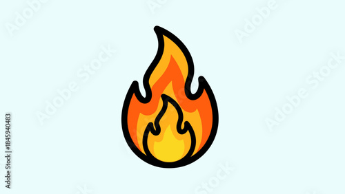 Cartoon flame with black outline on a light blue background.