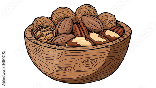 A wooden bowl filled with a variety of healthy nuts.