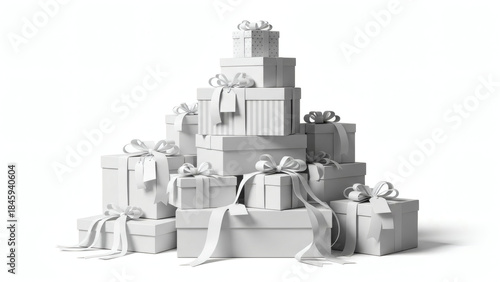 A large stack of white gift boxes with ribbons and bows on a white background