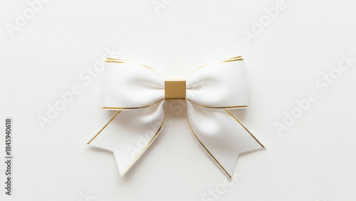 Elegant white satin bow with gold trim and a golden square accent, isolated on white
