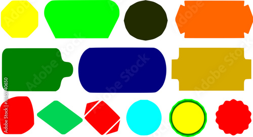 Collection of colorful geometric shapes and labels for design and infographics.