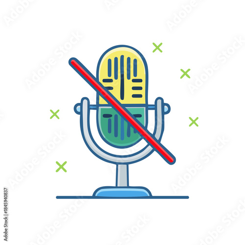 Muted Microphone Icon with Red Line, No Sound, Voice Off, Audio Disabled