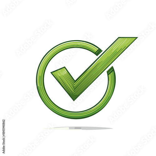 Green check mark icon inside circle with hatched line texture and shadow