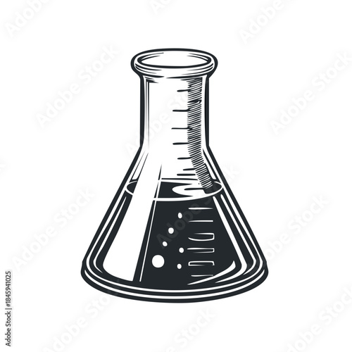 Erlenmeyer Flask with Liquid in Vintage Etching Style for Science Research