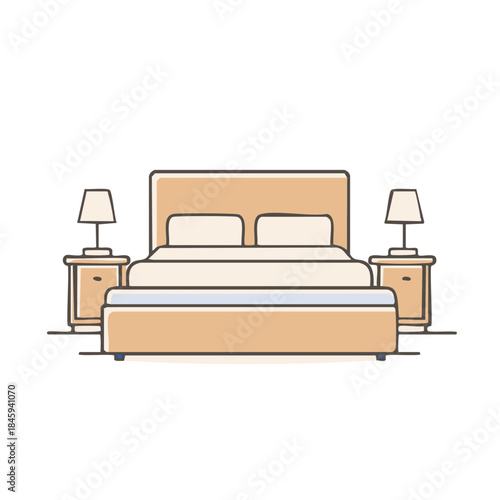Illustration of a Master Bedroom Setup with Side Tables and Lamps in Front View, Interior Furniture and Decor Elements