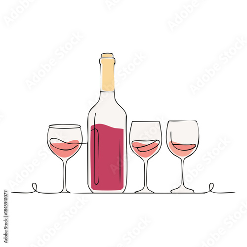 Minimalist Line Art Still Life of Wine Bottle and Three Glasses, Red Wine, Simple Sketch