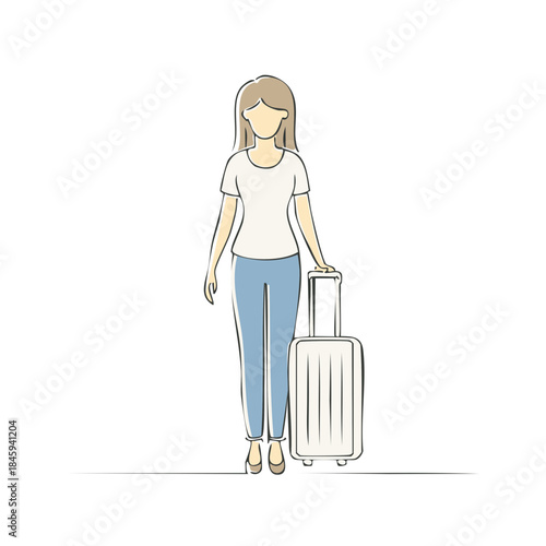 Woman travelling with suitcase vector illustration simple line art style. Female traveler standing with luggage preparing for holiday trip