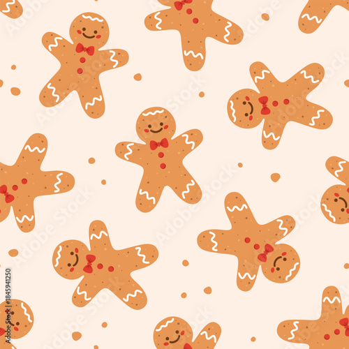 Christmas seamless pattern with gingerbread man on beige background. Winter holiday or homemade cookies theme wallpaper. Vector illustration.