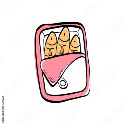 Canned sardines fish illustration with clean lines. Ideal for food packaging, recipe cards and seafood design projects, menus, labels and culinary branding