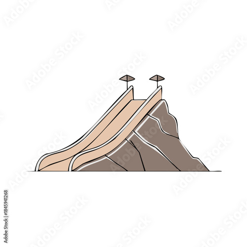 Simple Line Art Slide on Small Rock Pile with Umbrellas for Kids Fun and Play
