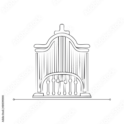 Ornate birdcage in simple monochrome linework illustration. Graceful architectural bird cage illustration for minimal projects.