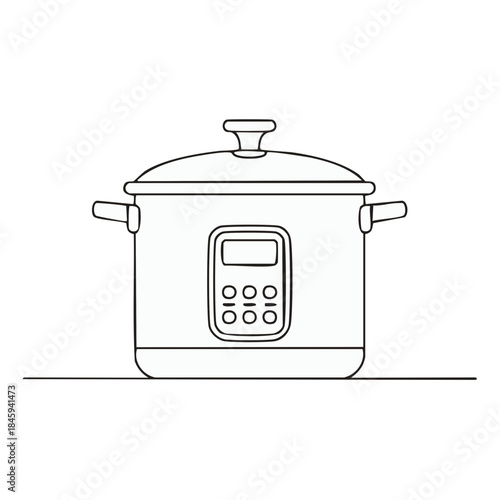 Electric multicooker appliance illustration featuring control panel with presets and lid in minimal style