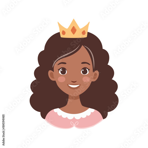 Illustrative vector portrait of a beautiful African-American young princess with gold crown and pink dress. Charming girl character avatar for kid's designs.