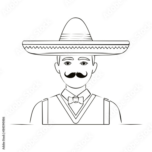 Contour line drawing of a man wearing a sombrero with mustache and bowtie