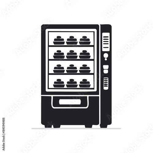 Vending machine dispensing packaged snacks, simple design, monochrome minimalist vending machine graphic.